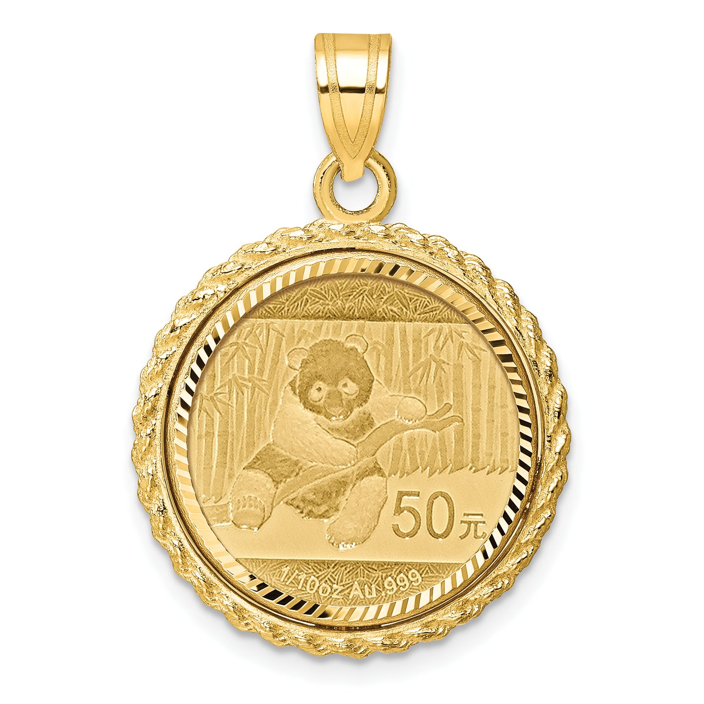 14K Yellow Gold Wideband Distinguished Coin Jewelry 14Ky Diamond-Cut Casted Rope Prong Mounted 1/10Oz Panda Bezel Pendant