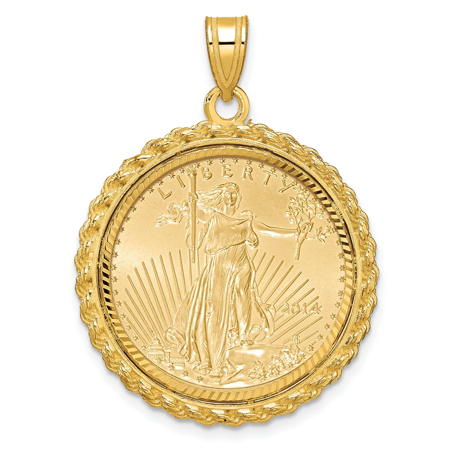 14K Yellow Gold Wideband Distinguished Coin Jewelry 14Ky Diamond-Cut Casted Rope Prong Mounted 1/4Oz American Eagle Bezel Pendant