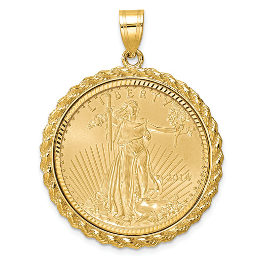 14K Yellow Gold Wideband Distinguished Coin Jewelry 14Ky Diamond-Cut Casted Rope Prong Mounted 1/2Oz American Eagle Bezel Pendant