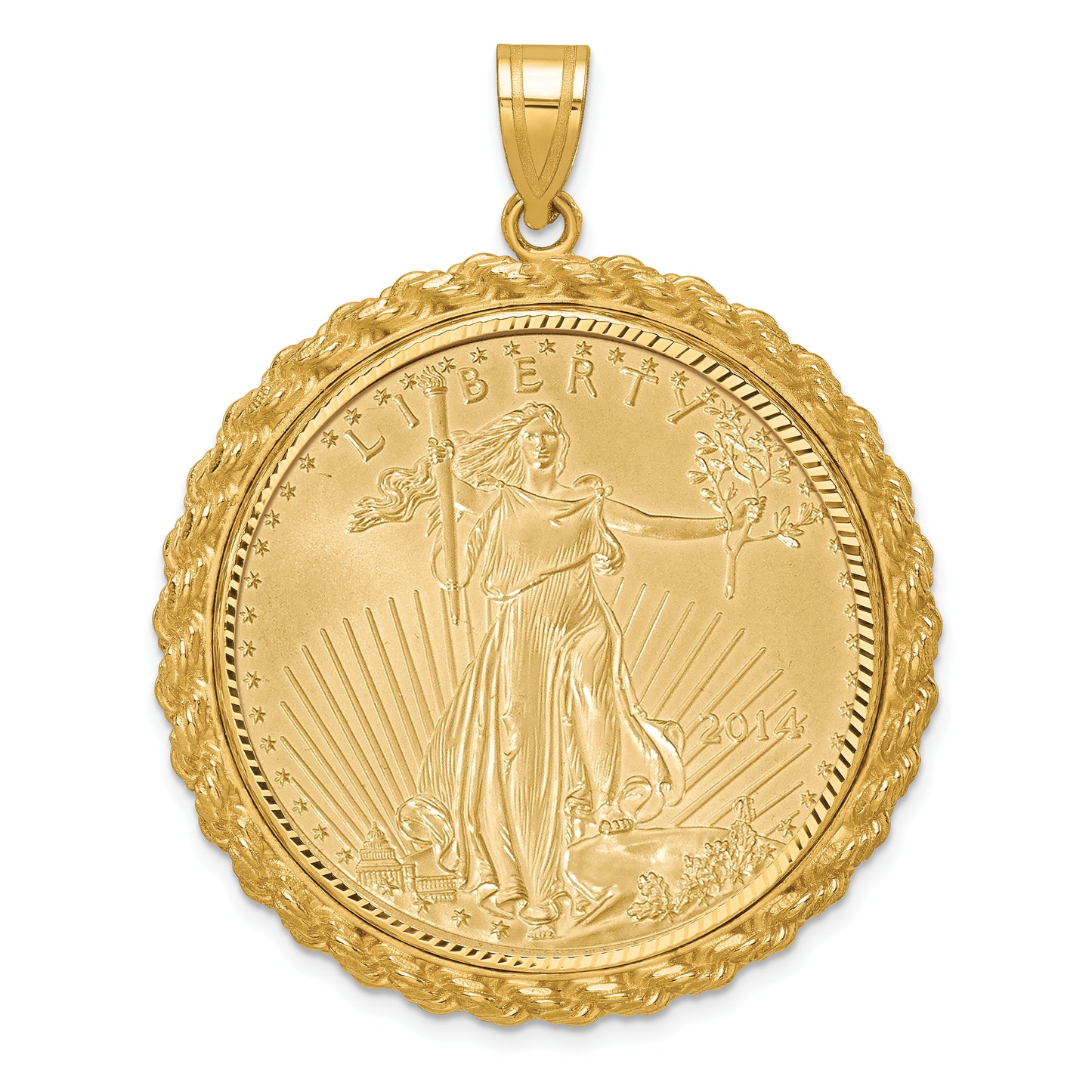 14K Yellow Gold Wideband Distinguished Coin Jewelry 14Ky Diamond-Cut Casted Rope Prong Mounted 1Oz American Eagle Bezel Pendant