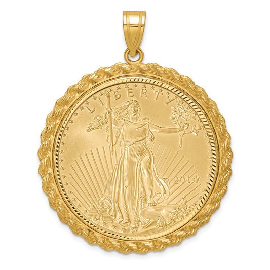 14K Yellow Gold Wideband Distinguished Coin Jewelry 14Ky Diamond-Cut Casted Rope Prong Mounted 1Oz American Eagle Bezel Pendant