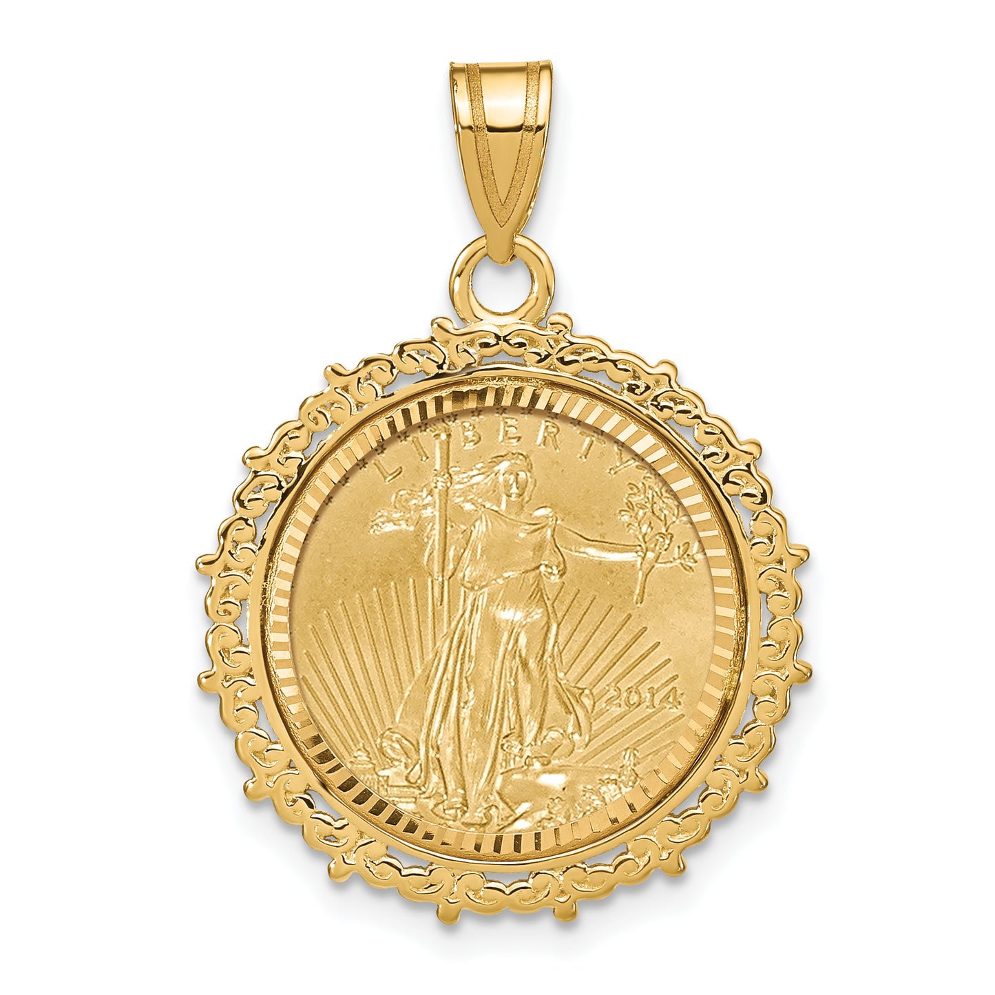 14K Yellow Gold Wideband Distinguished Coin Jewelry 14Ky Fancy Diamond-Cut Mounted 1/10Oz American Eagle Bezel Pendant