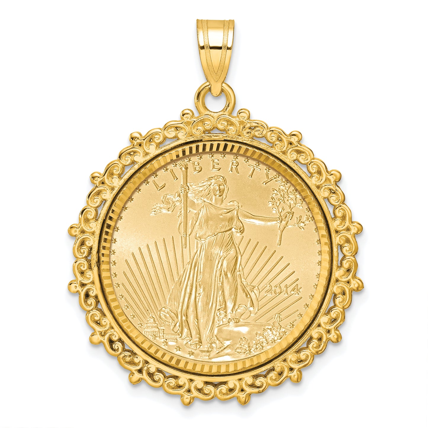 14K Yellow Gold Wideband Distinguished Coin Jewelry 14Ky Fancy Diamond-Cut Mounted 1/4Oz American Eagle Bezel Pendant