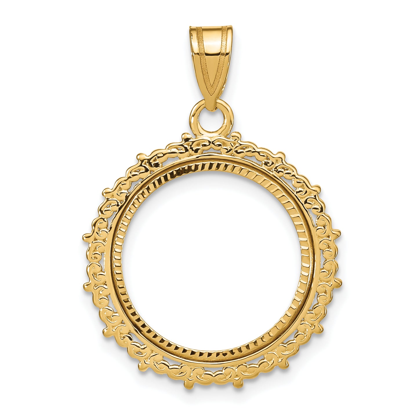 14K Yellow Gold Wideband Distinguished Coin Jewelry Polished And Diamond-Cut Fancy 16.5mm Prong Bezel Pendant