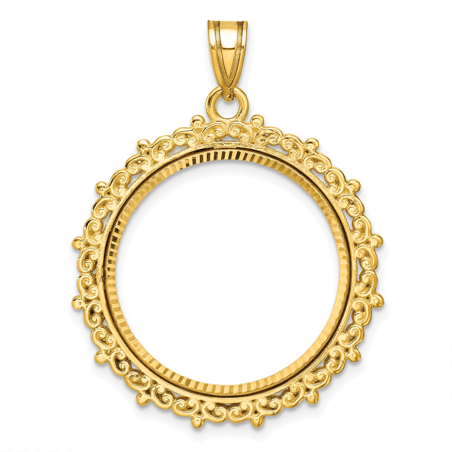 14K Yellow Gold Wideband Distinguished Coin Jewelry Polished And Diamond-Cut Fancy 22.0mm Prong Bezel Pendant