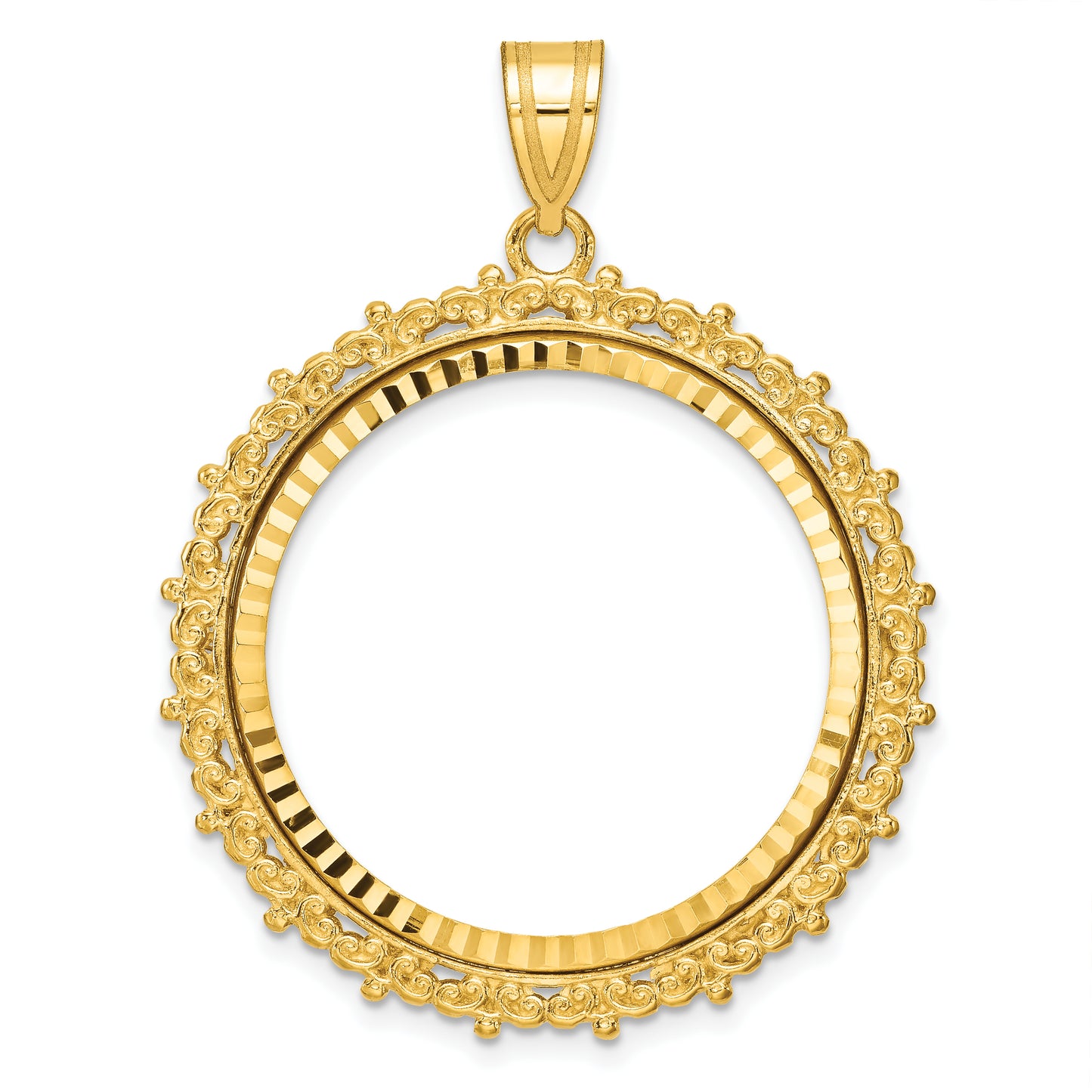 14K Yellow Gold Wideband Distinguished Coin Jewelry Polished And Diamond-Cut Fancy 27.0mm Prong Bezel Pendant