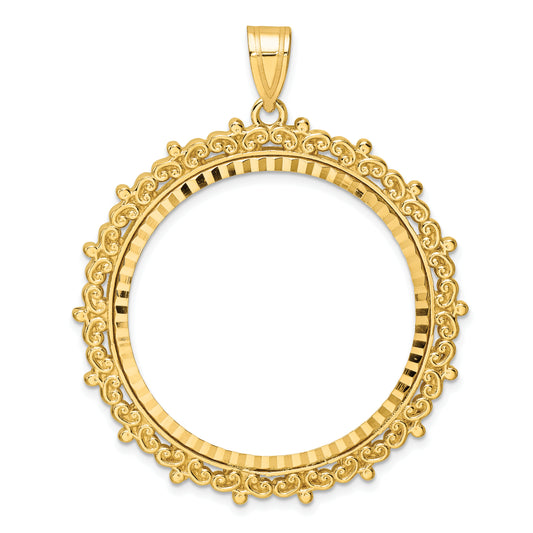 14K Yellow Gold Wideband Distinguished Coin Jewelry Polished And Diamond-Cut Fancy 32.7mm Prong Bezel Pendant