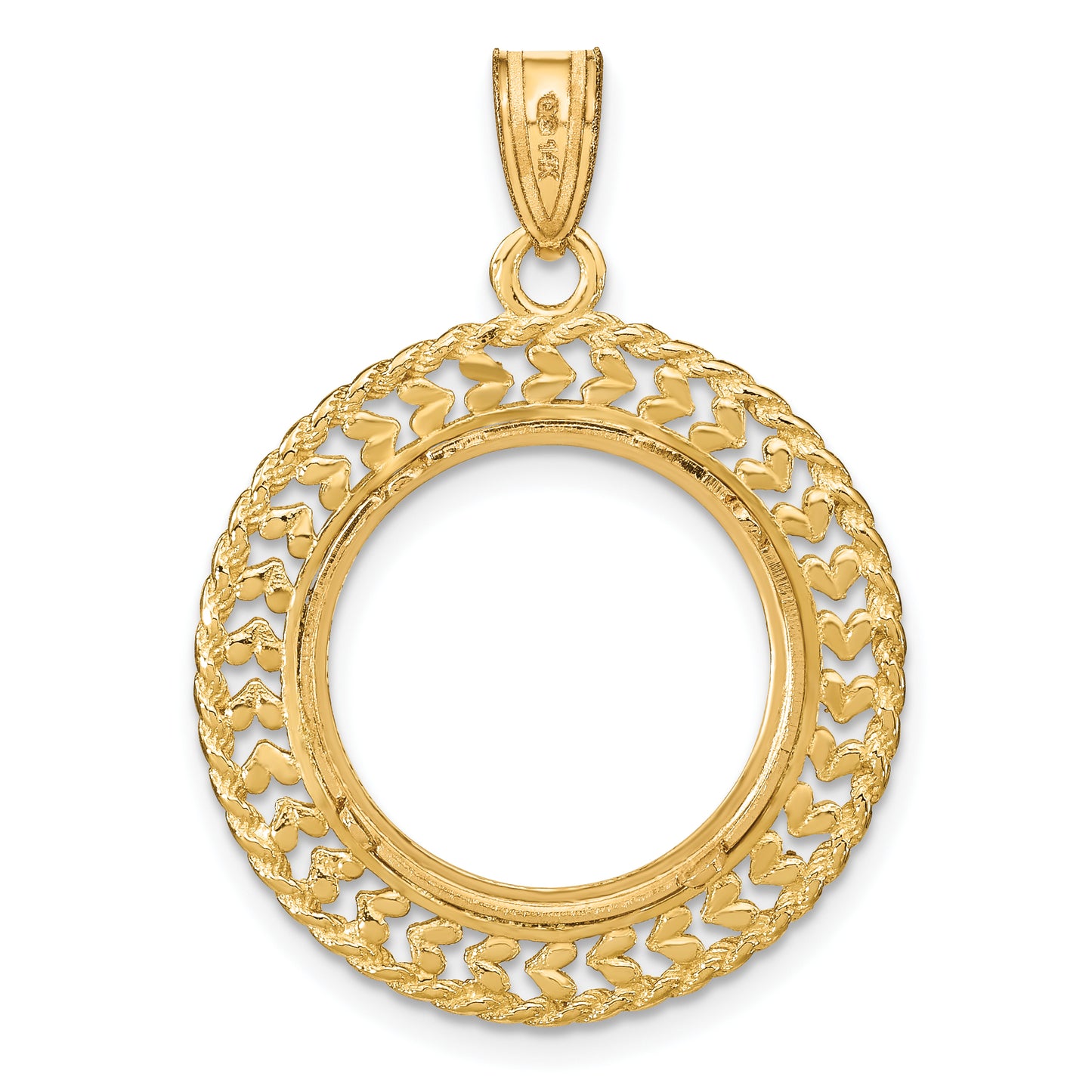 14K Yellow Gold Wideband Distinguished Coin Jewelry Polished And Diamond-Cut Heart Rope 16.5mm Prong Bezel Pendant