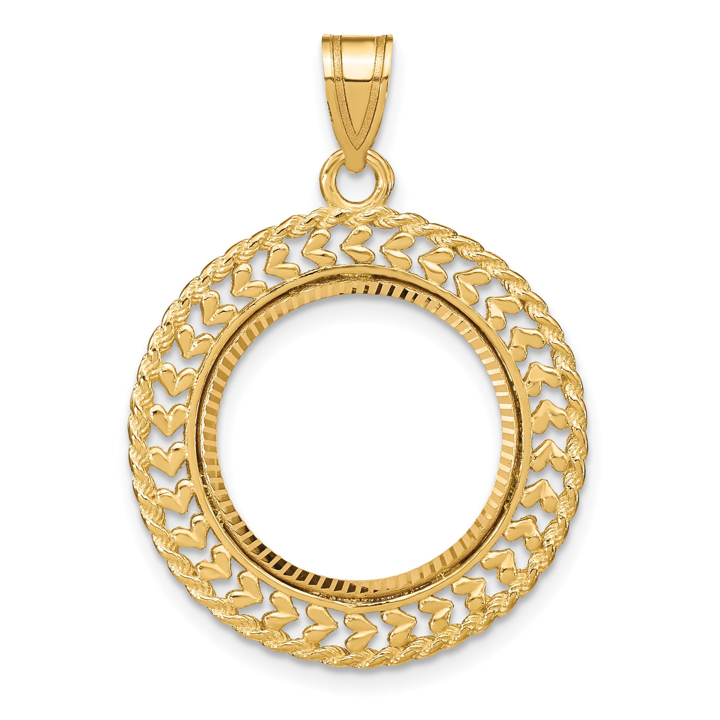 14K Yellow Gold Wideband Distinguished Coin Jewelry Polished And Diamond-Cut Heart Rope 16.5mm Prong Bezel Pendant