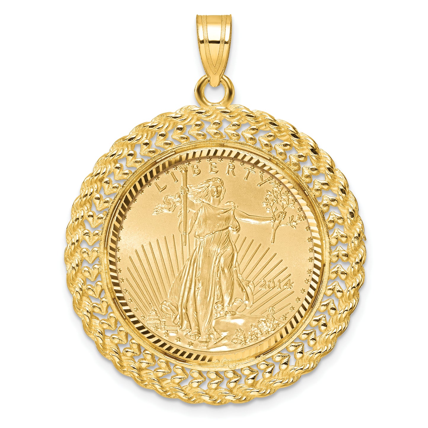 14K Yellow Gold Wideband Distinguished Coin Jewelry 14Ky Diamond-Cut Heart & Rope Prong Mounted 1/4Oz American Eagle Bezel Pendant