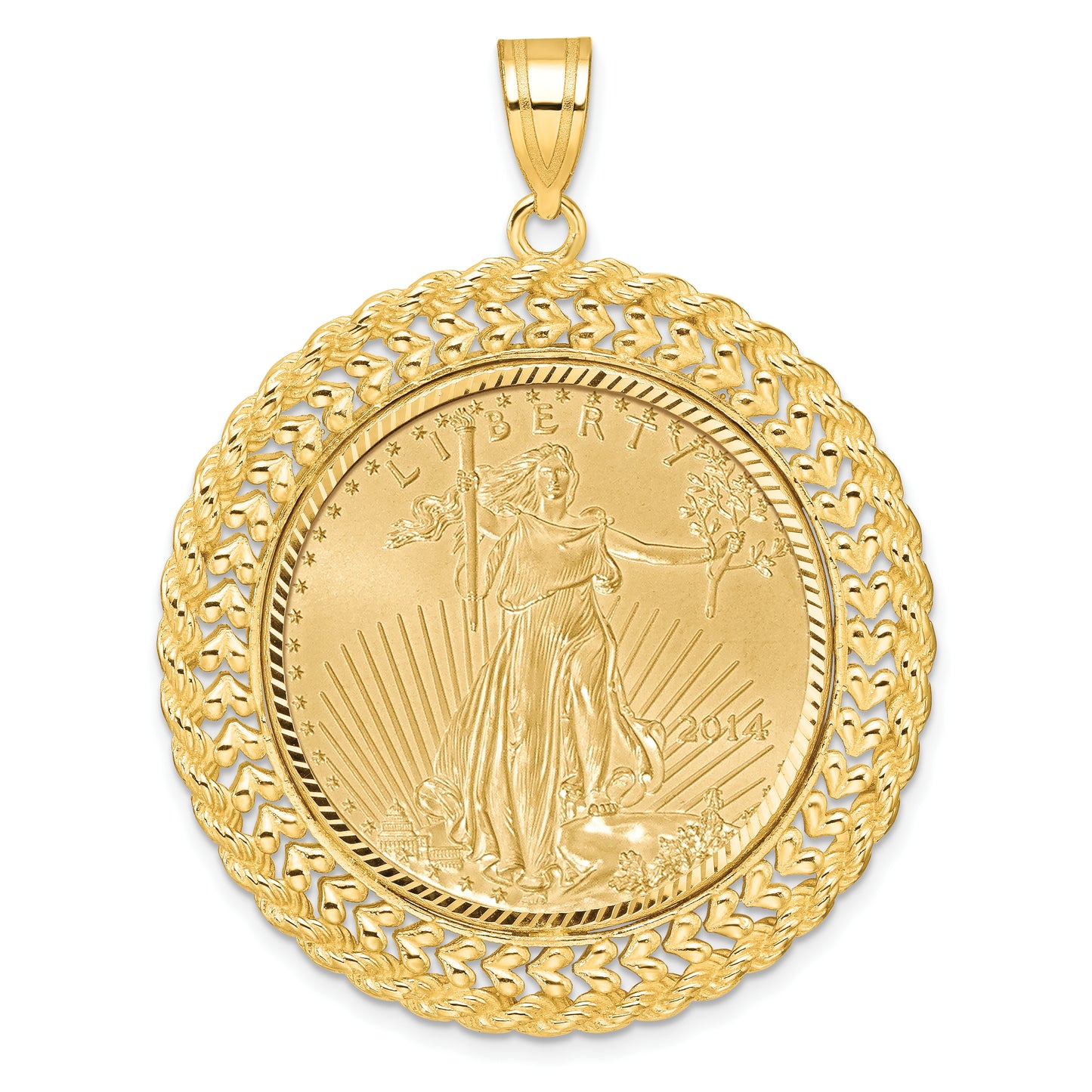 14K Yellow Gold Wideband Distinguished Coin Jewelry 14Ky Diamond-Cut Heart & Rope Prong Mounted 1/2Oz American Eagle Bezel Pendant