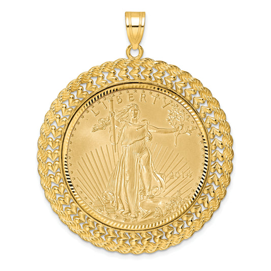 14K Yellow Gold Wideband Distinguished Coin Jewelry 14Ky Diamond-Cut Heart & Rope Prong Mounted 1Oz American Eagle Bezel Pendant