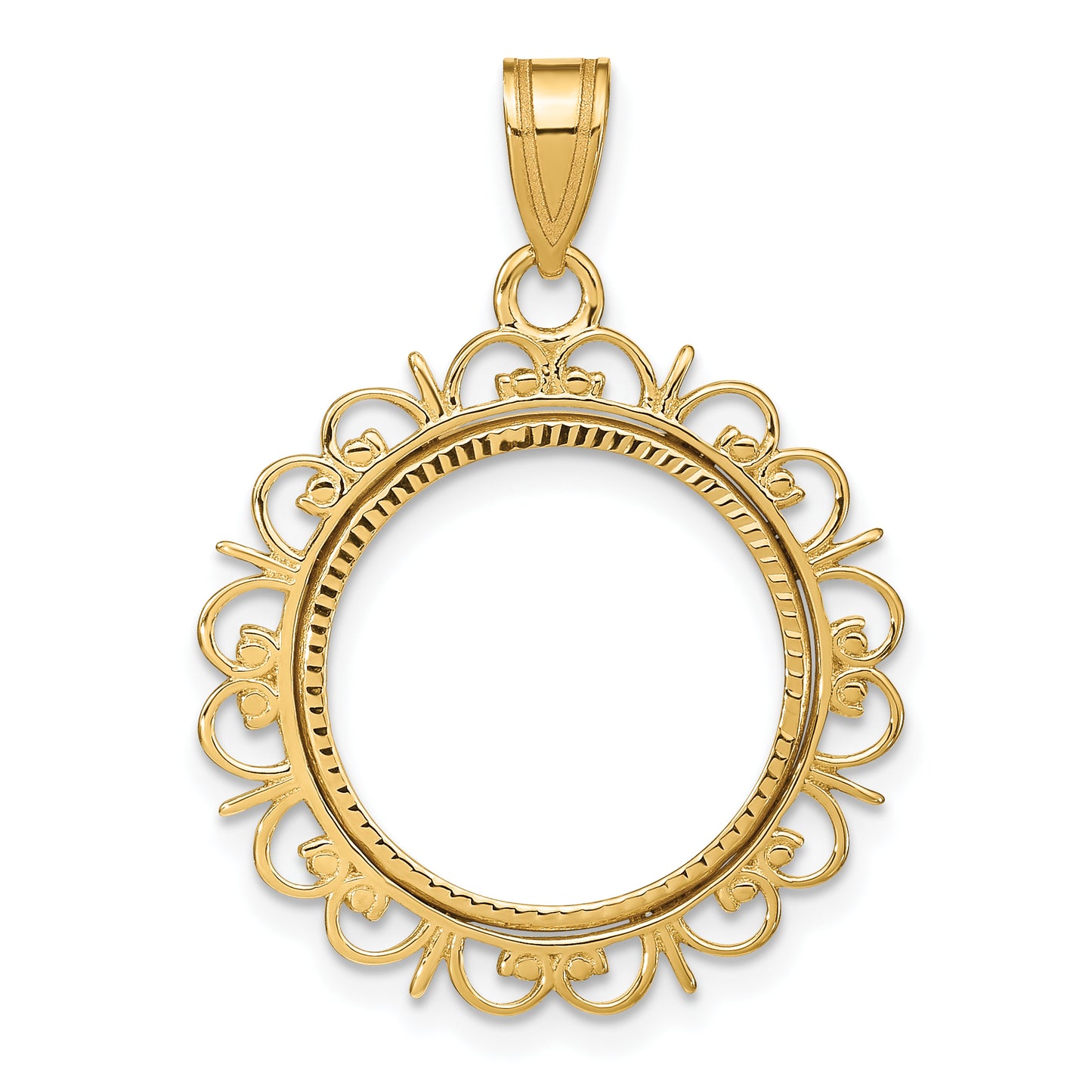 14K Yellow Gold Wideband Distinguished Coin Jewelry Polished And Diamond-Cut Fancy 16.5mm Prong Bezel Pendant