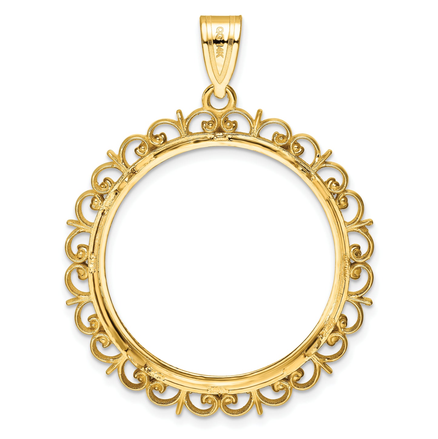 14K Yellow Gold Wideband Distinguished Coin Jewelry Polished And Diamond-Cut Fancy 27.0mm Prong Bezel Pendant