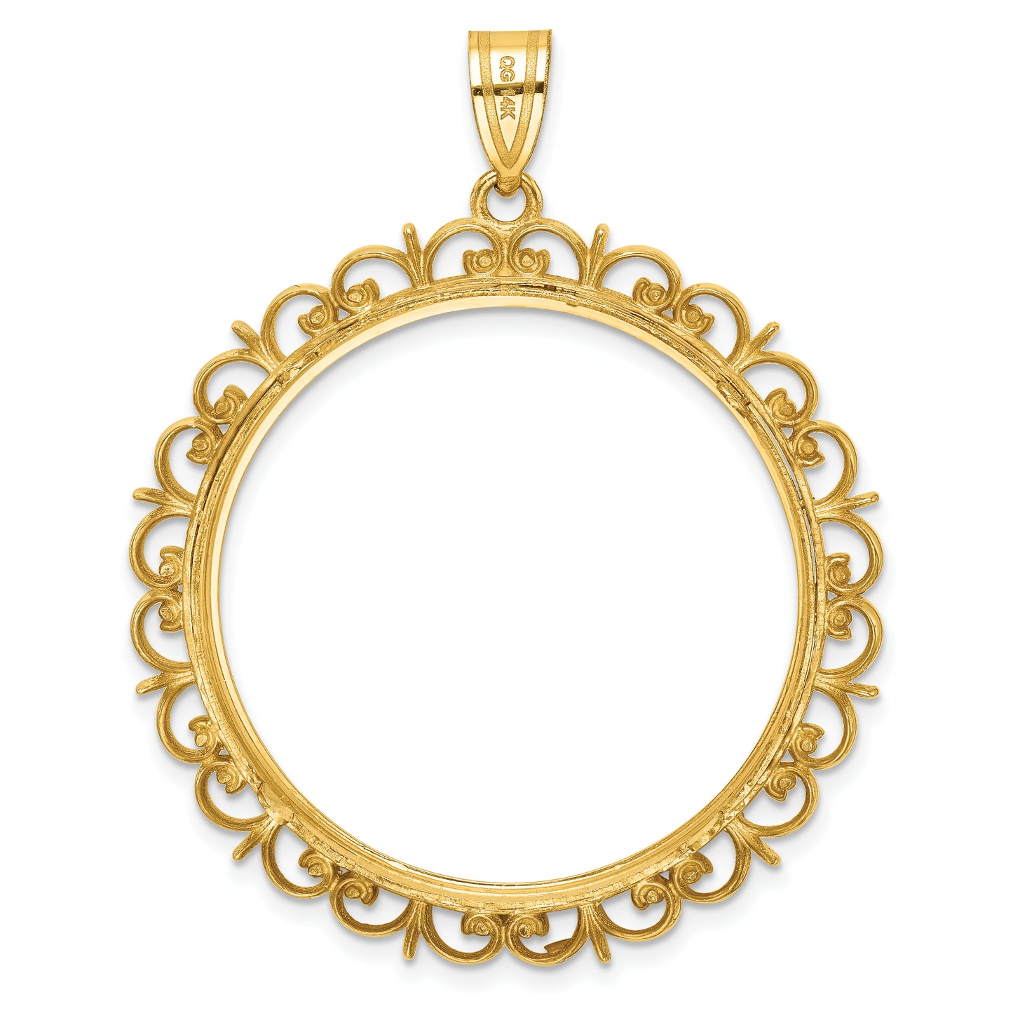 14K Yellow Gold Wideband Distinguished Coin Jewelry Polished And Diamond-Cut Fancy 32.7mm Prong Bezel Pendant