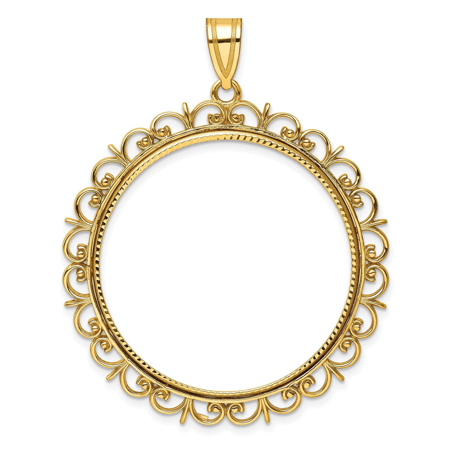 14K Yellow Gold Wideband Distinguished Coin Jewelry Polished And Diamond-Cut Fancy 32.7mm Prong Bezel Pendant