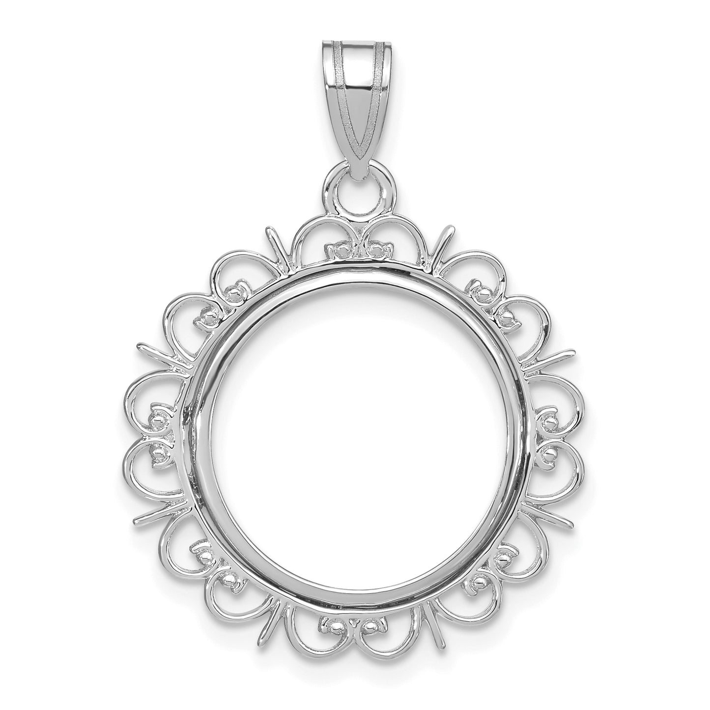 14K White Gold Wideband Distinguished Coin Jewelry Polished Fancy 16.5mm Prong Bezel Pendant