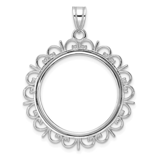 14K White Gold Wideband Distinguished Coin Jewelry Polished Fancy 22.0mm Prong Bezel Pendant