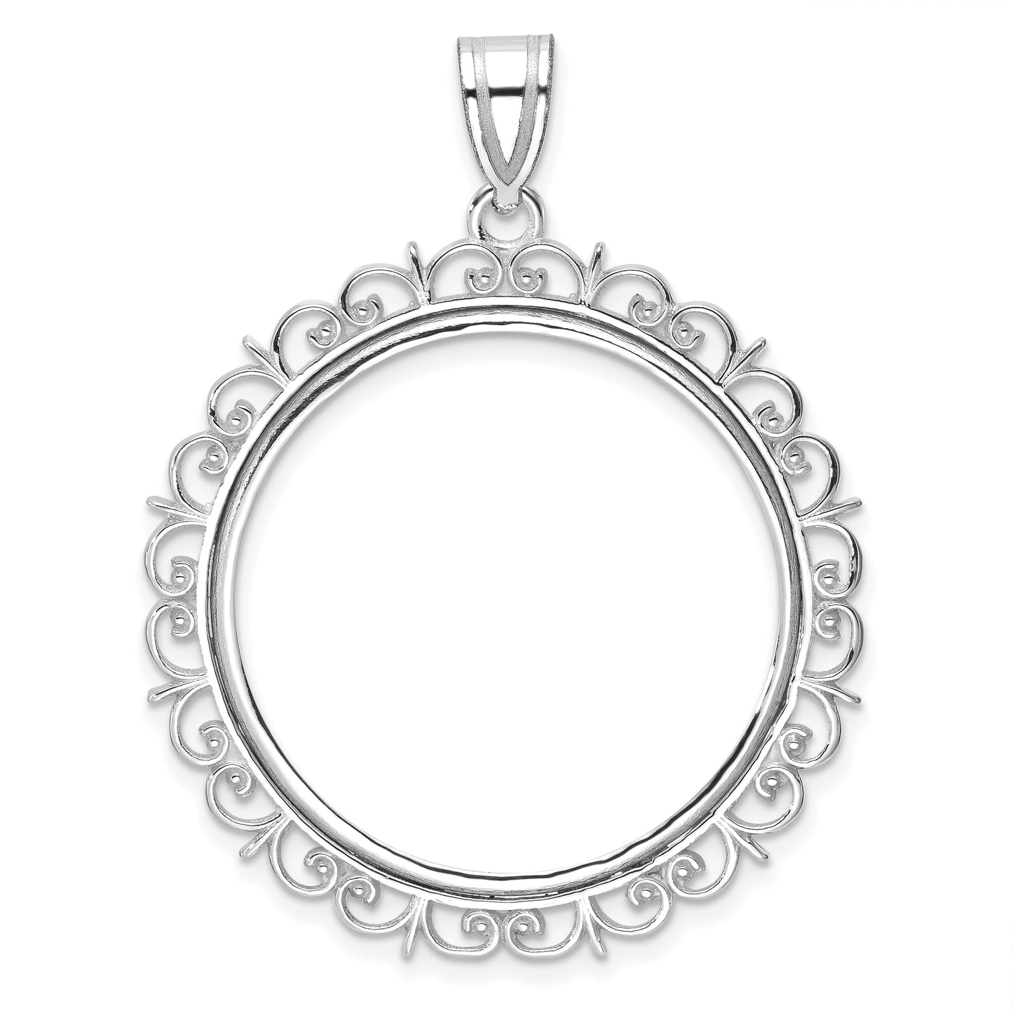 14K White Gold Wideband Distinguished Coin Jewelry Polished Fancy 27.0mm Prong Bezel Pendant