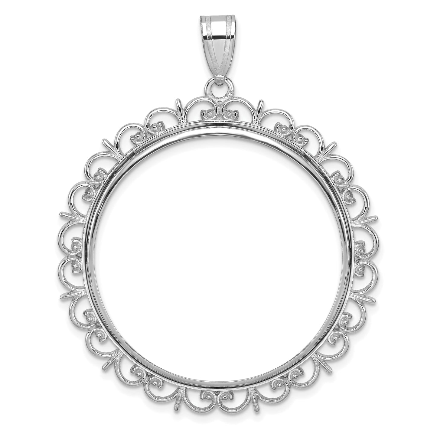 14K White Gold Wideband Distinguished Coin Jewelry Polished Fancy 32.7mm Prong Bezel Pendant