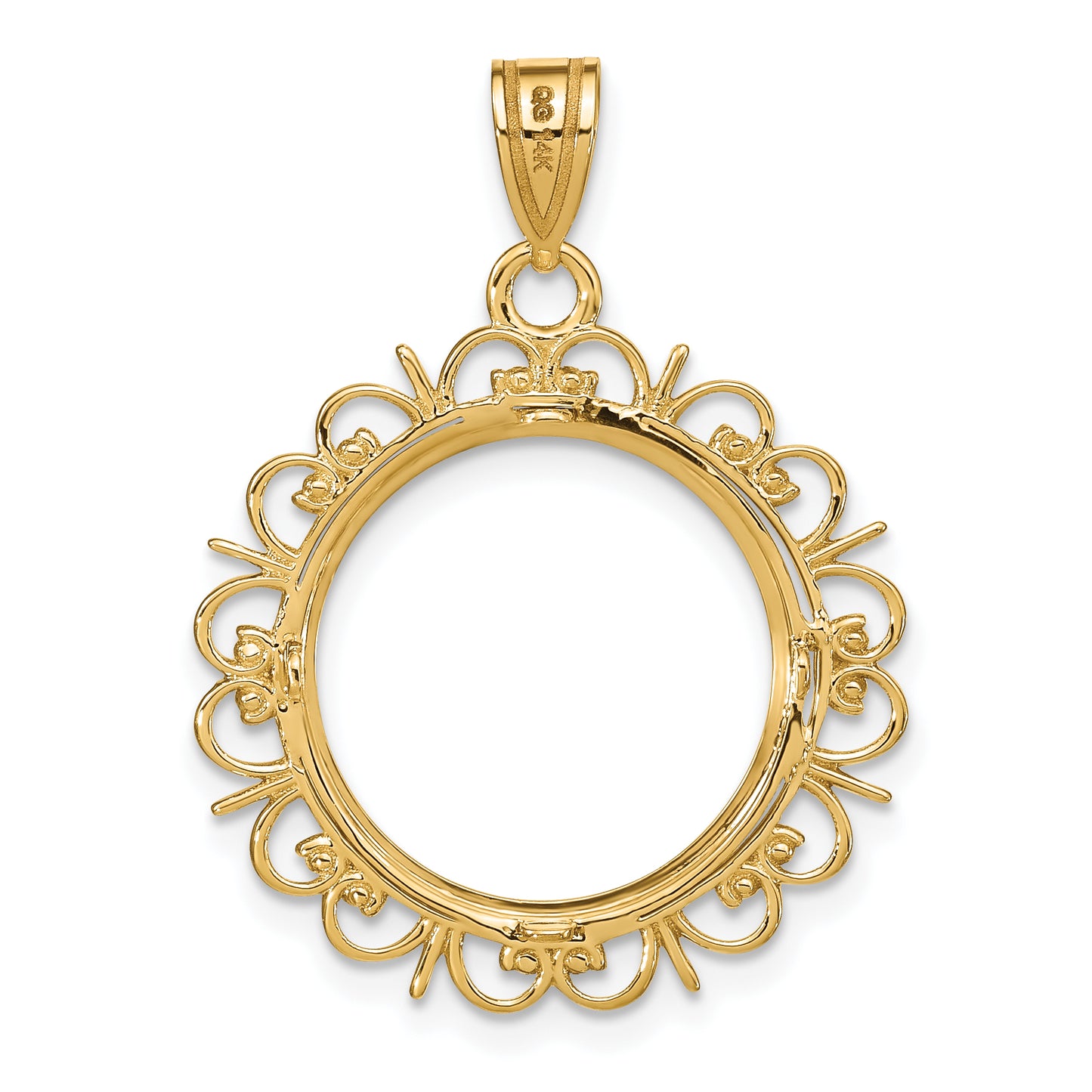 14K Yellow Gold Wideband Distinguished Coin Jewelry Polished Fancy 16.5mm Prong Bezel Pendant