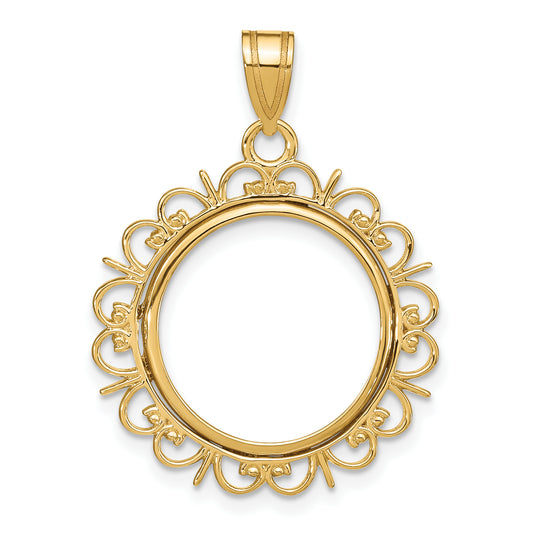 14K Yellow Gold Wideband Distinguished Coin Jewelry Polished Fancy 16.5mm Prong Bezel Pendant