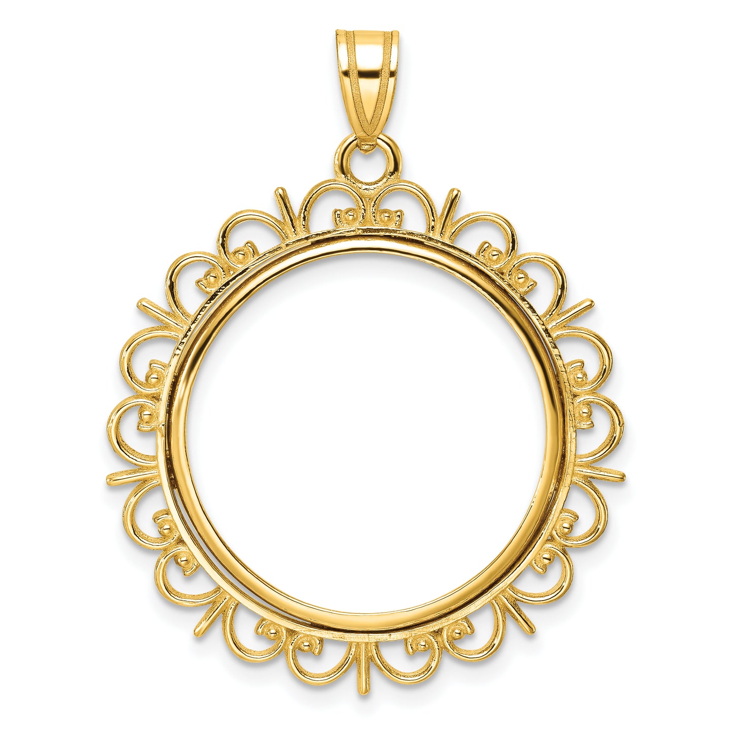 14K Yellow Gold Wideband Distinguished Coin Jewelry Polished Fancy 22.0mm Prong Bezel Pendant