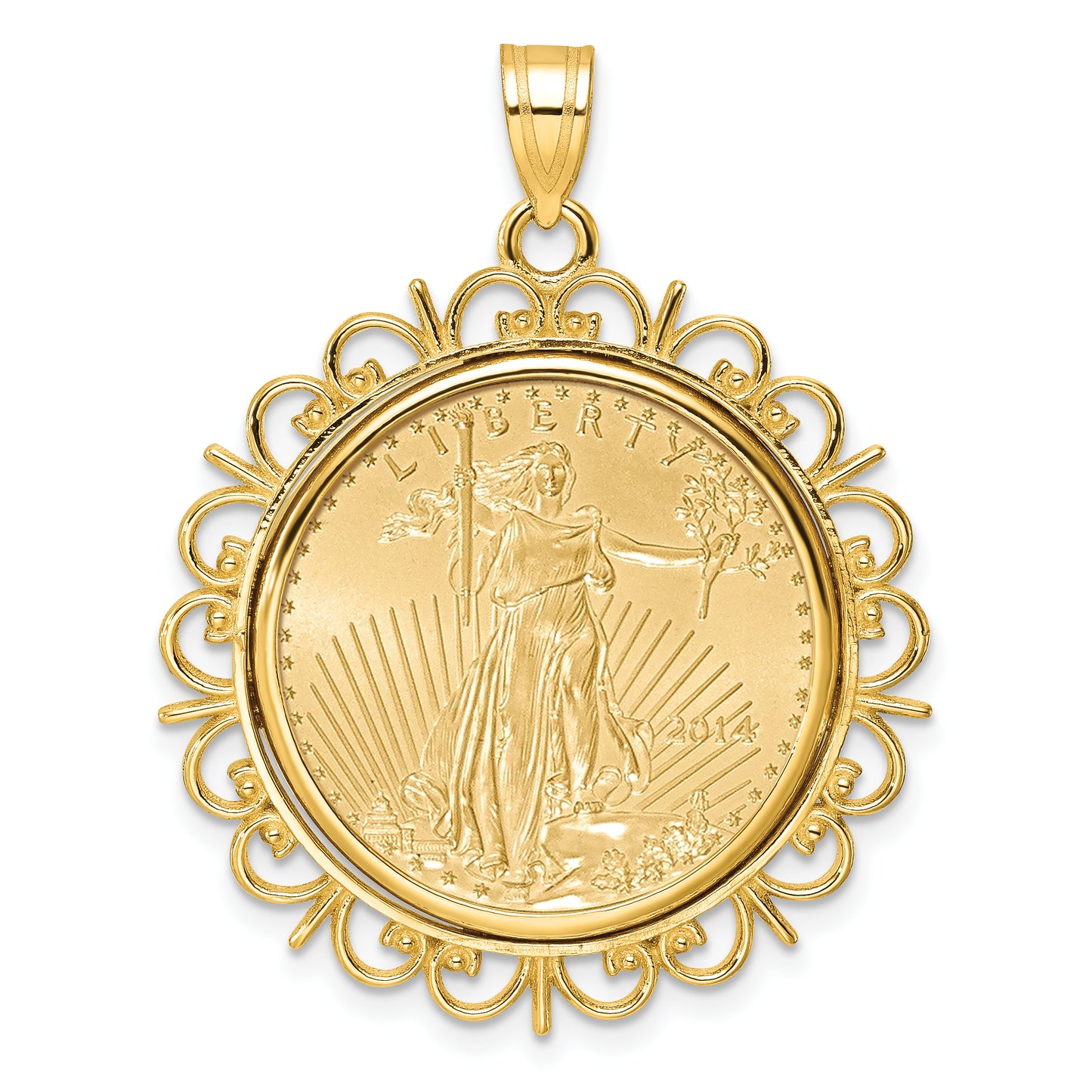 14K Yellow Gold Wideband Distinguished Coin Jewelry Polished Fancy Mounted 1/4Oz American Eagle Prong Bezel Pendant