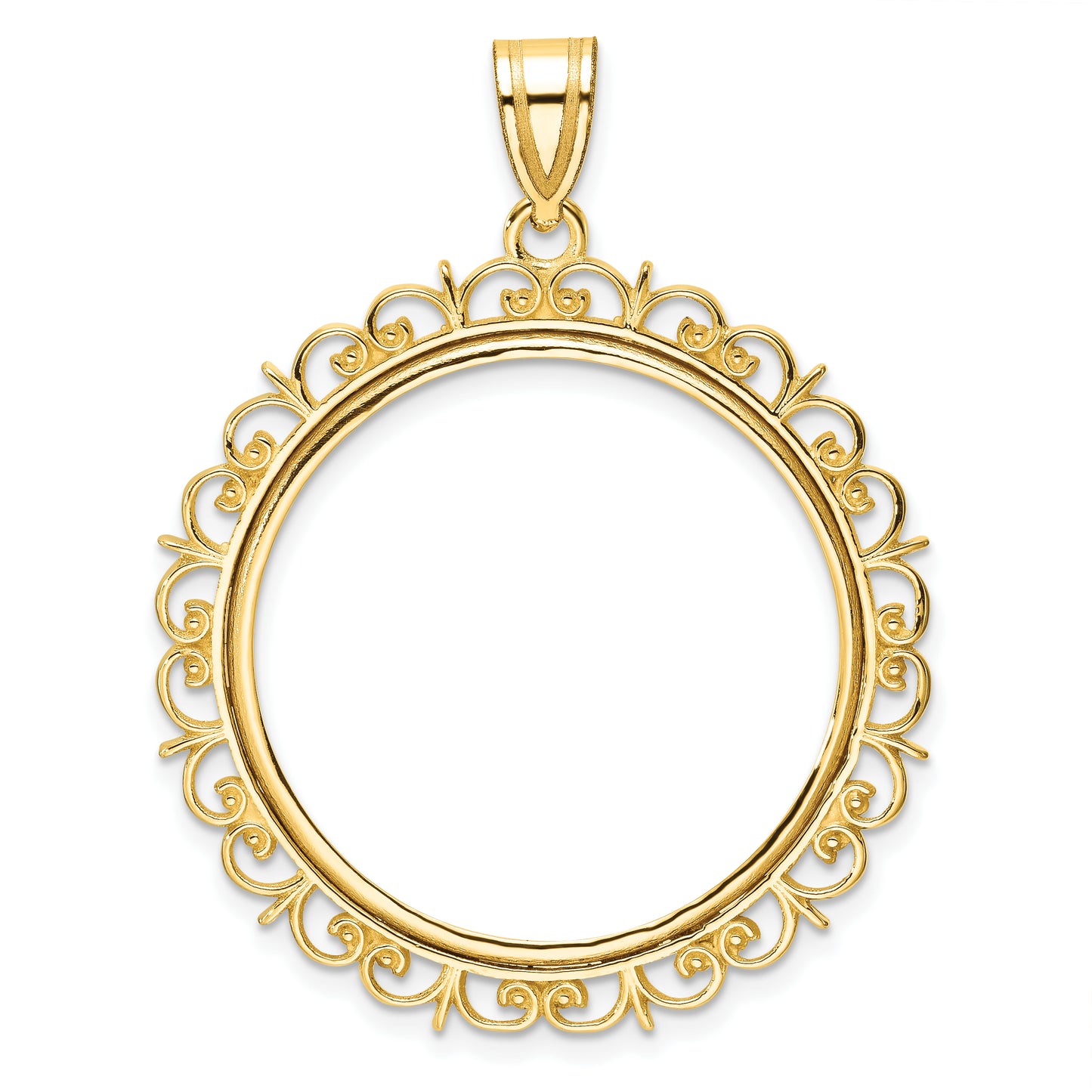 14K Yellow Gold Wideband Distinguished Coin Jewelry Polished Fancy 27.0mm Prong Bezel Pendant