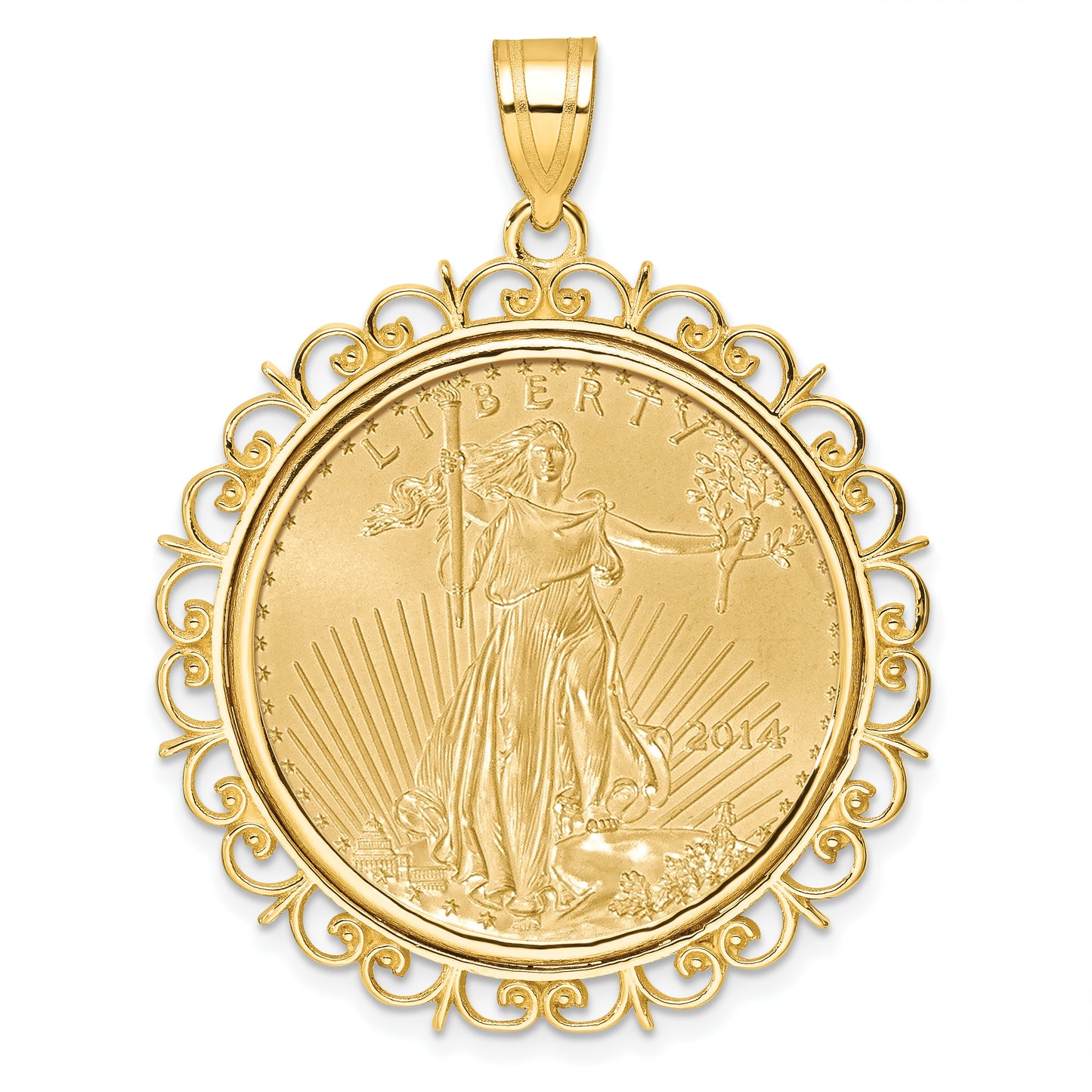 14K Yellow Gold Wideband Distinguished Coin Jewelry Polished Fancy Mounted 1/2Oz American Eagle Prong Bezel Pendant