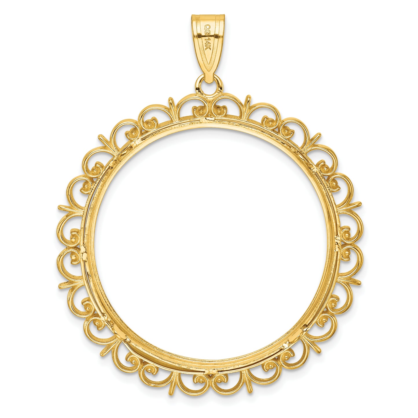 14K Yellow Gold Wideband Distinguished Coin Jewelry Polished Fancy 32.7mm Prong Bezel Pendant