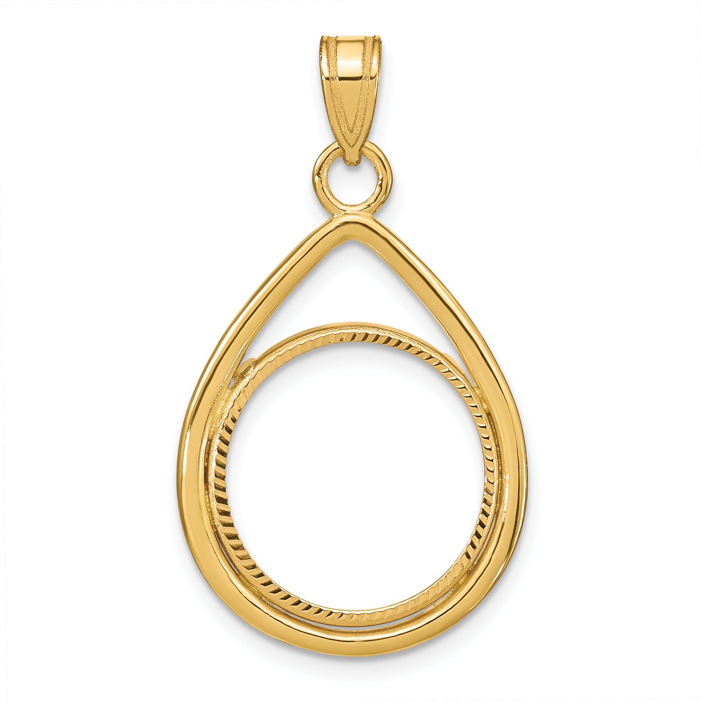 14K Yellow Gold Wideband Distinguished Coin Jewelry Polished And Diamond-Cut Lightweight Teardrop 16.5mm Prong Bezel Pendant