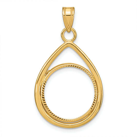 14K Yellow Gold Wideband Distinguished Coin Jewelry Polished And Diamond-Cut Lightweight Teardrop 16.5mm Prong Bezel Pendant