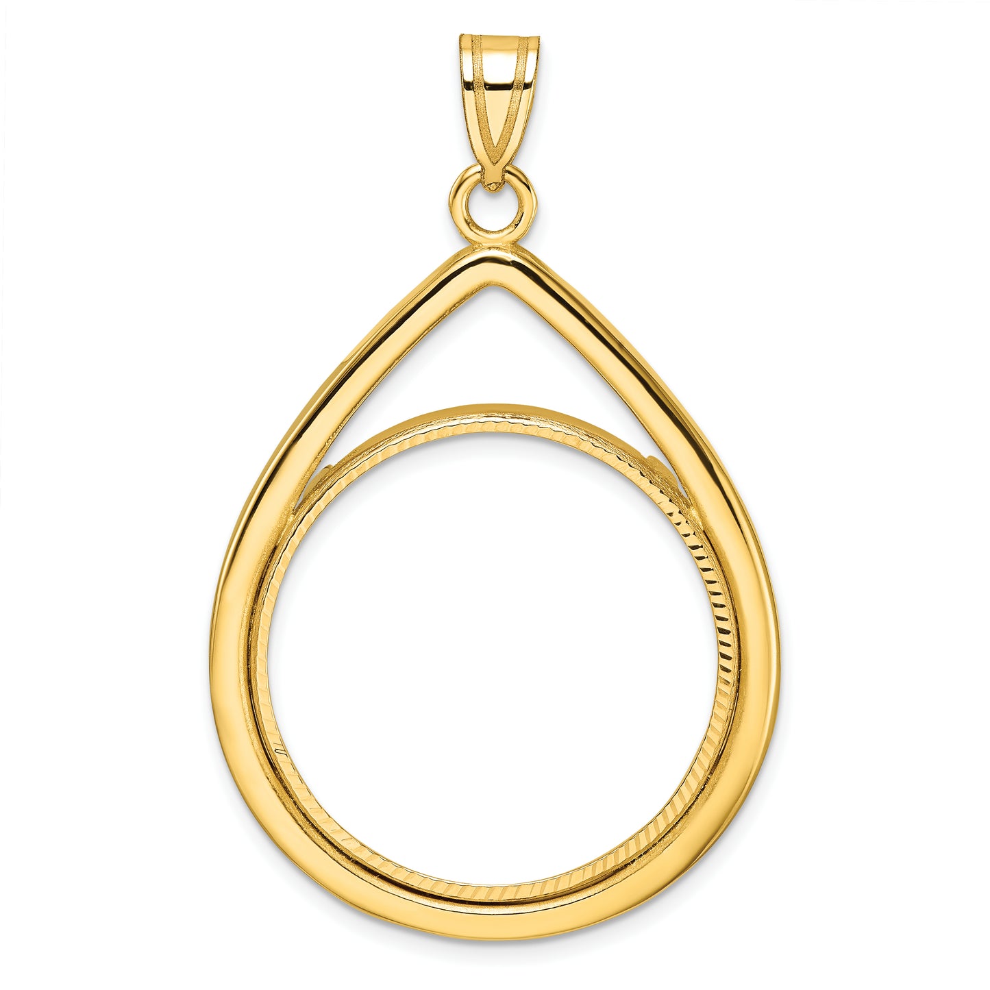 14K Yellow Gold Wideband Distinguished Coin Jewelry Polished And Diamond-Cut Lightweight Teardrop 27.0mm Prong Bezel Pendant