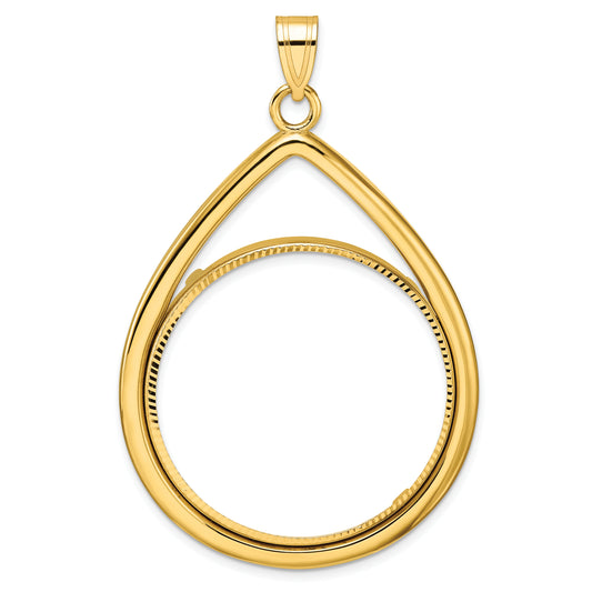 14K Yellow Gold Wideband Distinguished Coin Jewelry Polished And Diamond-Cut Lightweight Teardrop 32.7mm Prong Bezel Pendant