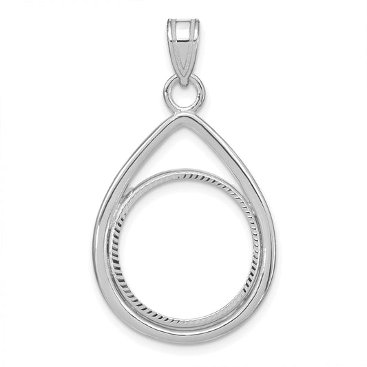 14K White Gold Wideband Distinguished Coin Jewelry Polished And Diamond-Cut Teardrop 16.5mm Prong Bezel Pendant