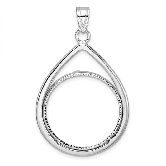 14K White Gold Wideband Distinguished Coin Jewelry Polished And Diamond-Cut Teardrop 22.0mm Prong Bezel Pendant