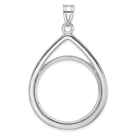 14K White Gold Wideband Distinguished Coin Jewelry Polished And Diamond-Cut Teardrop 27.0mm Prong Bezel Pendant