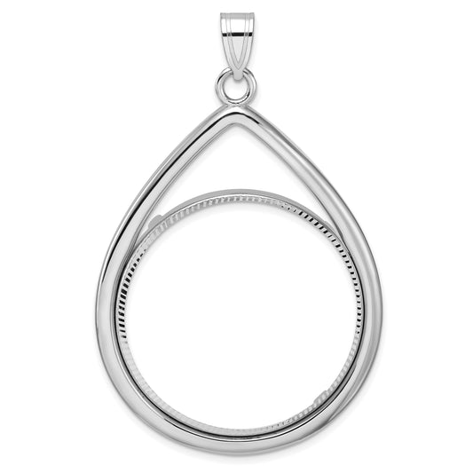 14K White Gold Wideband Distinguished Coin Jewelry Polished And Diamond-Cut Teardrop 32.7mm Prong Bezel Pendant