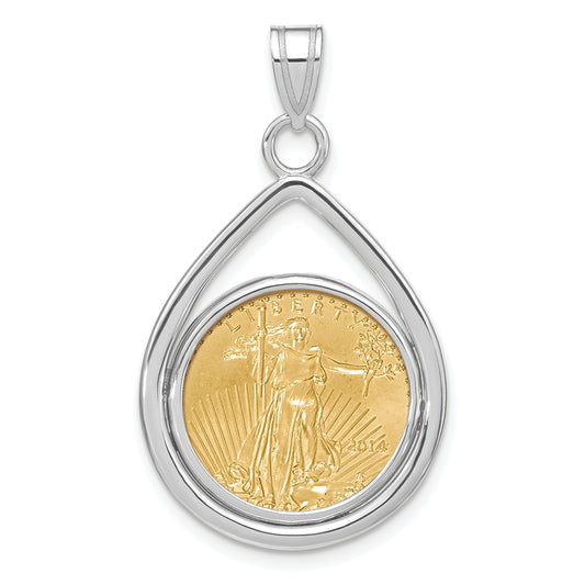 14K White Gold Wideband Distinguished Coin Jewelry Polished Lightweight Teardrop Mounted 1/10Oz American Eagle Prong Bezel Pendant