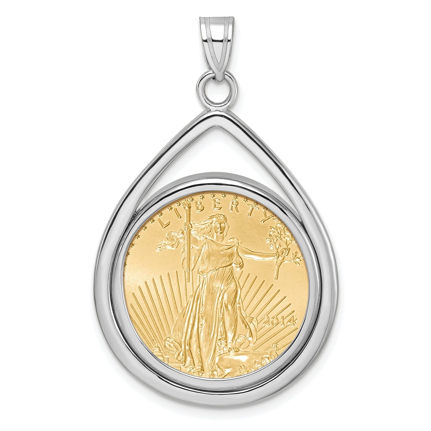 14K White Gold Wideband Distinguished Coin Jewelry Polished Lightweight Teardrop Mounted 1/4Oz American Eagle Prong Bezel Pendant