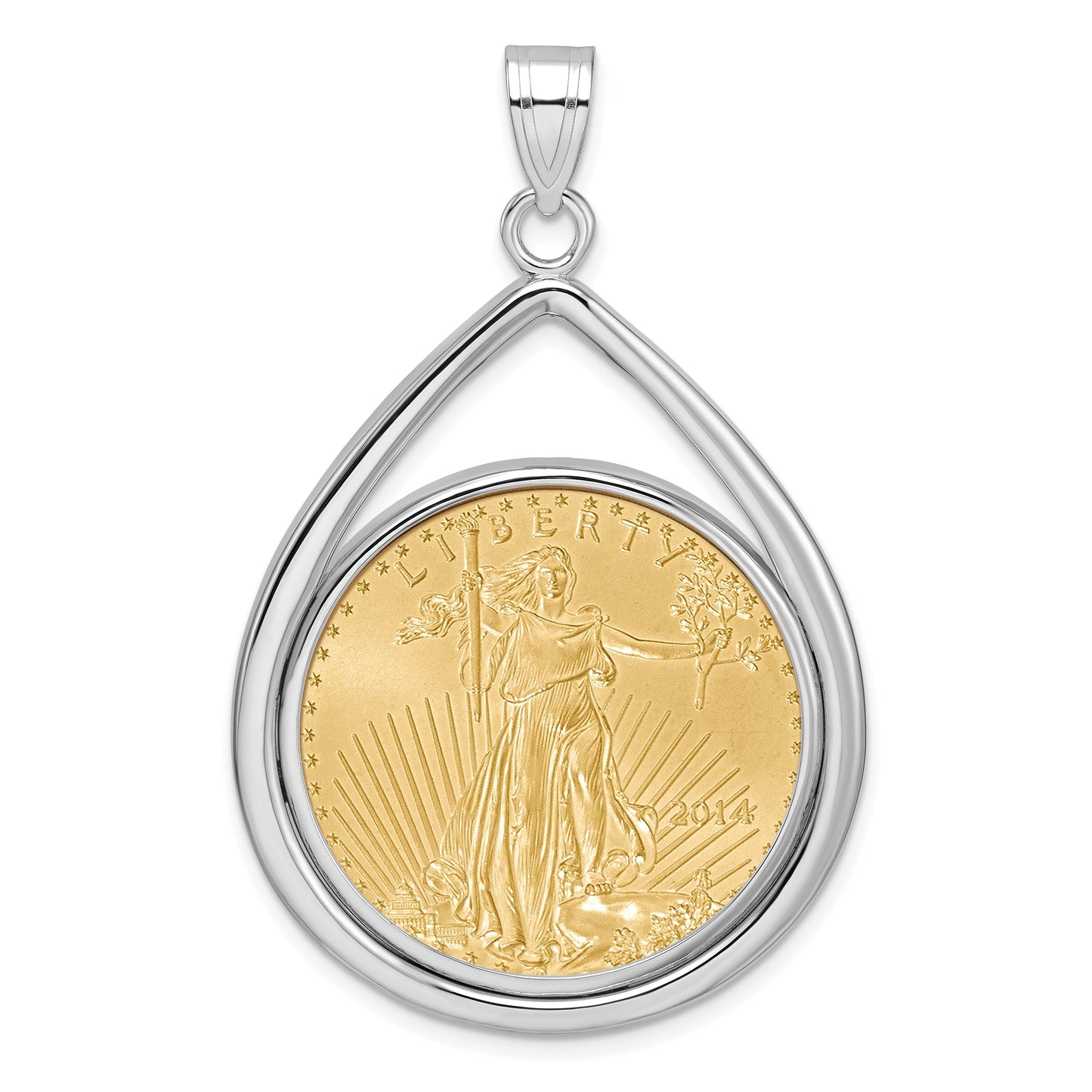 14K White Gold Wideband Distinguished Coin Jewelry Polished Lightweight Teardrop Mounted 1/2Oz American Eagle Prong Bezel Pendant