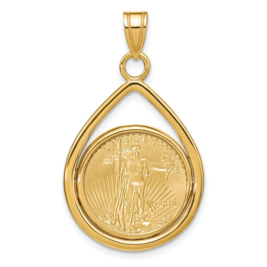 14K Yellow Gold Wideband Distinguished Coin Jewelry Polished Lightweight Teardrop Mounted 1/10Oz American Eagle Prong Bezel Pendant