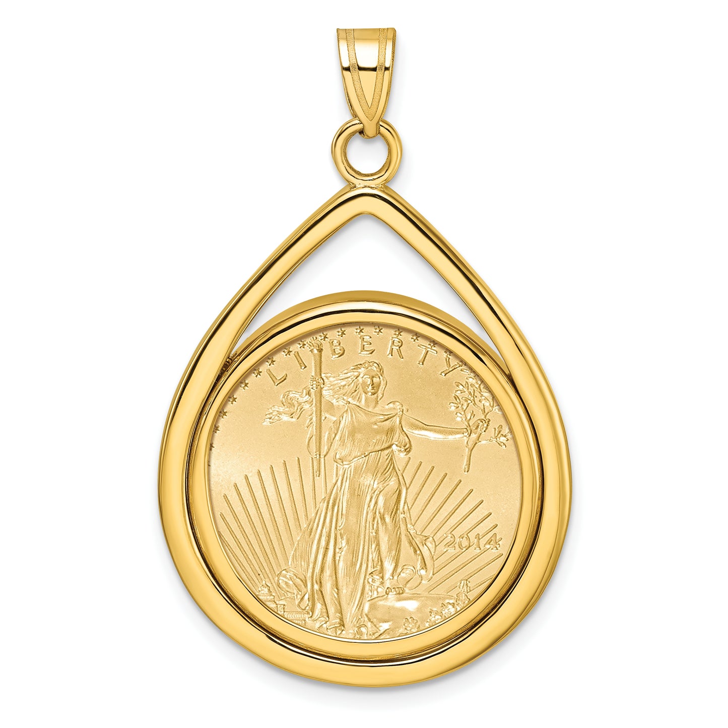 14K Yellow Gold Wideband Distinguished Coin Jewelry Polished Lightweight Teardrop Mounted 1/4Oz American Eagle Prong Bezel Pendant