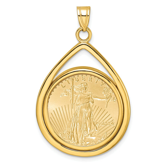 14K Yellow Gold Wideband Distinguished Coin Jewelry Polished Lightweight Teardrop Mounted 1/4Oz American Eagle Prong Bezel Pendant