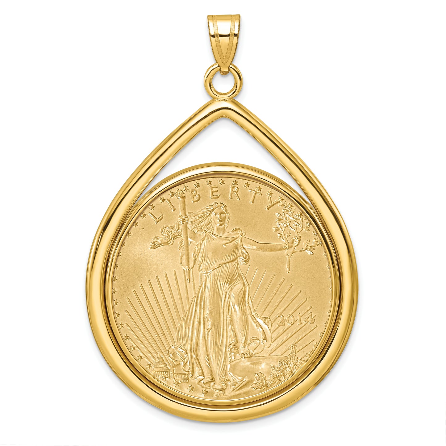 14K Yellow Gold Wideband Distinguished Coin Jewelry Polished Lightweight Teardrop Mounted 1Oz American Eagle Prong Bezel Pendant