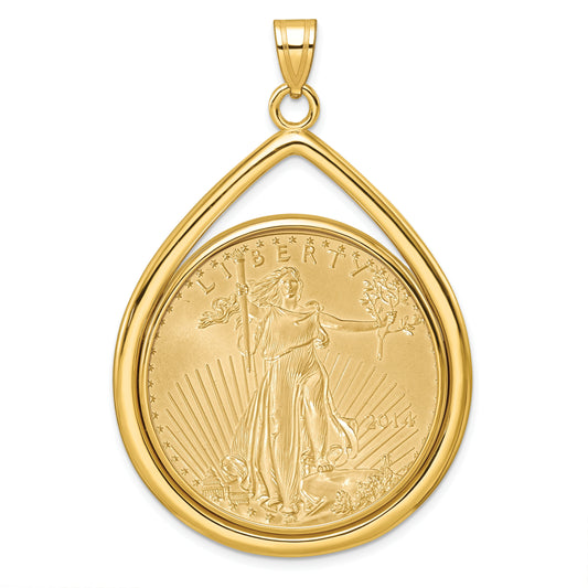 14K Yellow Gold Wideband Distinguished Coin Jewelry Polished Lightweight Teardrop Mounted 1Oz American Eagle Prong Bezel Pendant