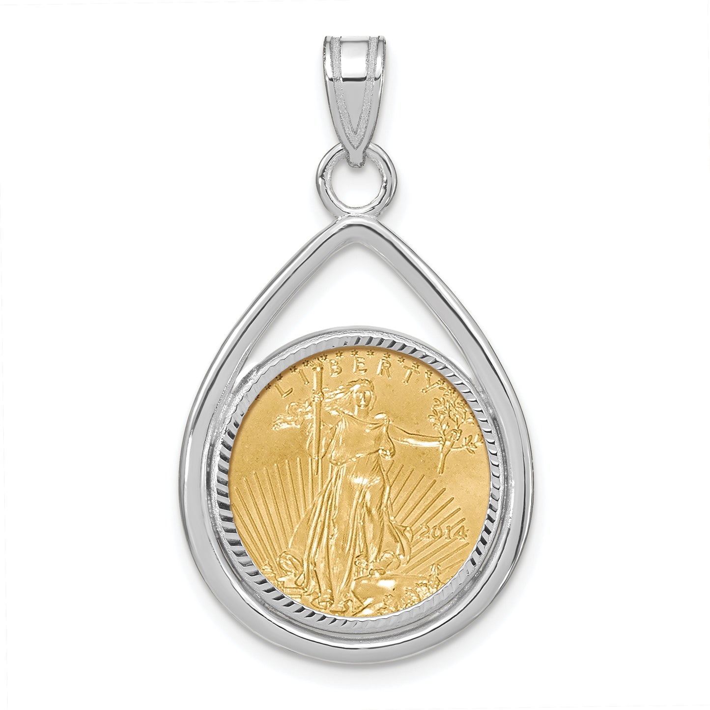 14K White Gold Wideband Distinguished Coin Jewelry 14Kw Polished & Diamond-Cut Tear Drop Prong Mounted 1/10Oz American Eagle Bezel Pendant