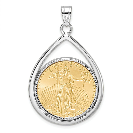 14K White Gold Wideband Distinguished Coin Jewelry 14Kw Polished & Diamond-Cut Tear Drop Prong Mounted 1/4Oz American Eagle Bezel Pendant