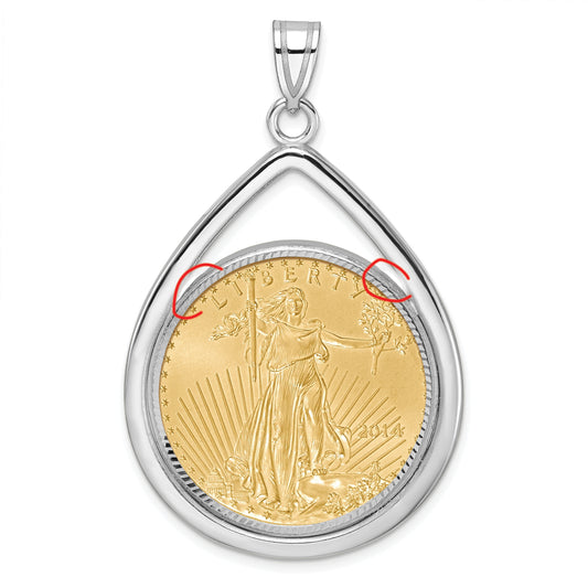 14K White Gold Wideband Distinguished Coin Jewelry 14Kw Polished & Diamond-Cut Tear Drop Prong Mounted 1/2Oz American Eagle Bezel Pendant